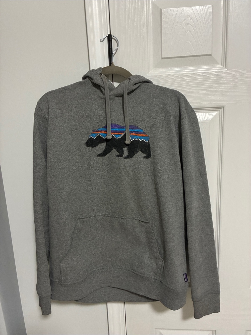 Patagonia Gray Hoodie with Striped Bear Graphic